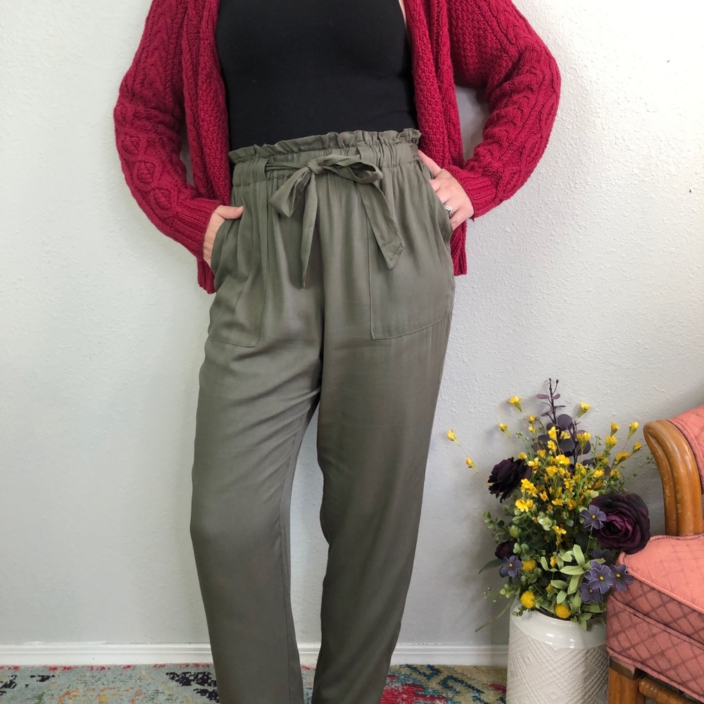 Nick Paperbag Olive Tie Waist Belted Cuffed Pants